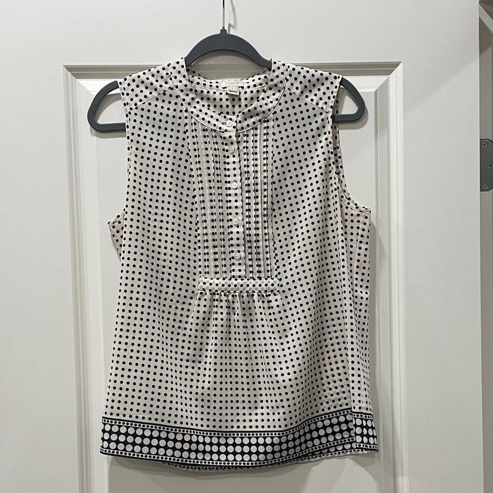 J. Crew Women’s Sleeveless Cream and Black Polka Dot Pintuck Blouse